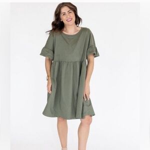 Olive Green Ruffle Sleeve Dress- Jilly Box